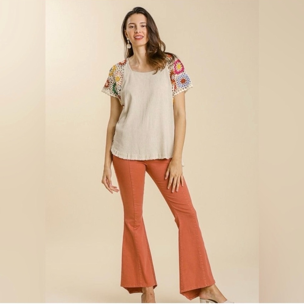 UMGEE Frayed Hem Linen Blend Colorful Crochet Sleeve Boho Tunic Top Size Small - Picture 2 of 14